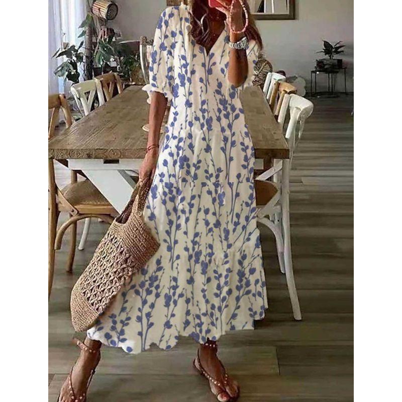 

European and American Casual Sweet and Loose V Neck Print Tassel Half Sleeve Long Dress Women 12-Blue Flower S