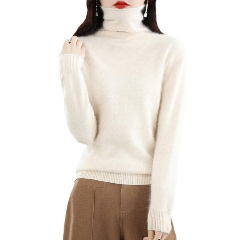 Women's Cashmere High Neck Sweater, Loose Fit, Short Mink Velvet Knit, Base Layer Wool Pullover for Autumn and Winter.