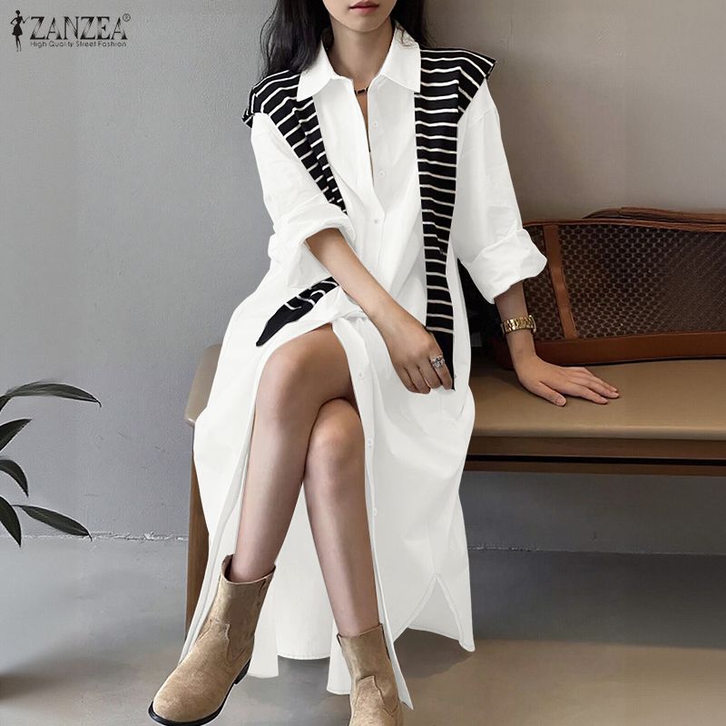 ZANZEA Rochie cămașă lungă, cu mânecă lungă, cu guler răsturnat pentru femei