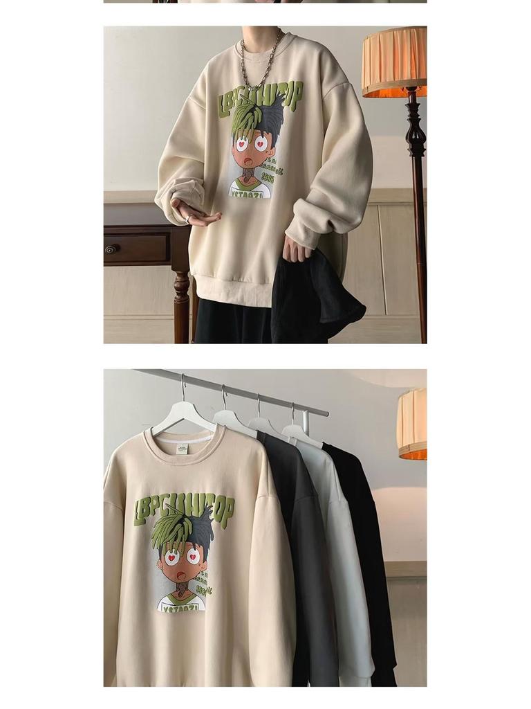 Men's American Cartoon Hip Hop Plus Velvet Thickened Hoodie - Round Neck Autumn Winter Outerwear
