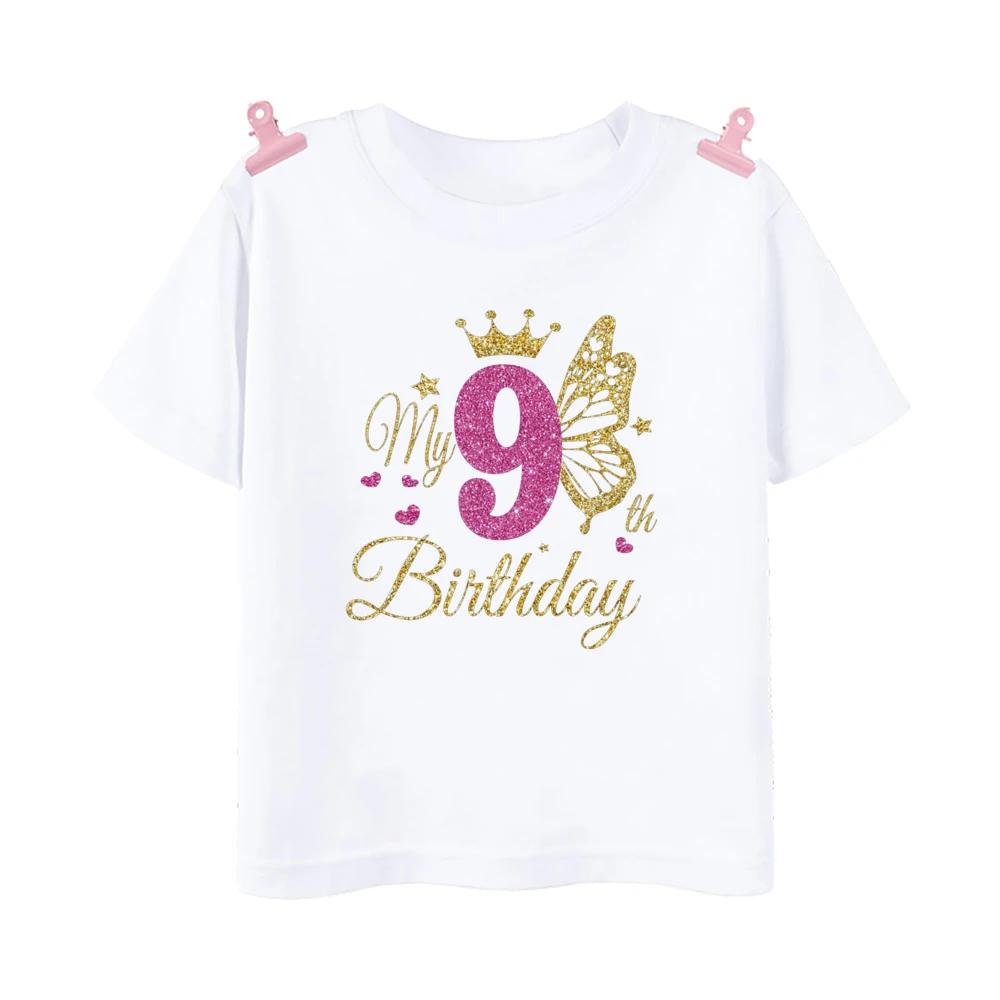 Girl's Birthday 1-12, Wild T-shirt, Children's Butterfly Printed Fashion Top, Short Sleeve T-shirt