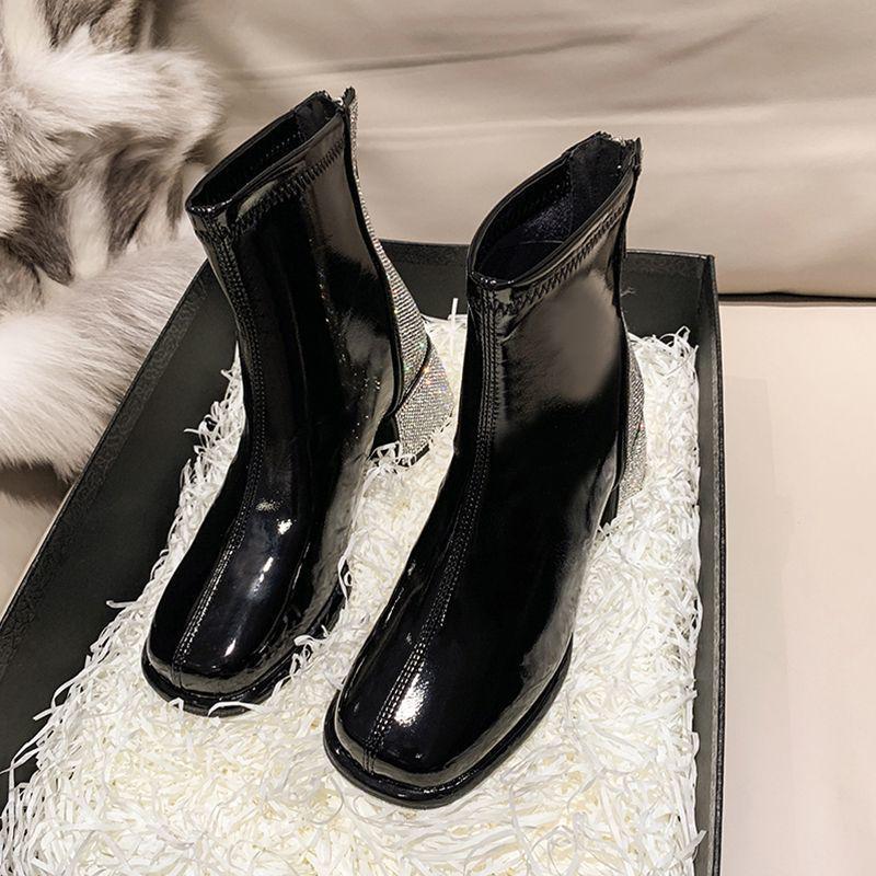 

Spring & Fall Rhinestone Square Toe Ankle Boots - Mid Heel Chunky Martin Style 35