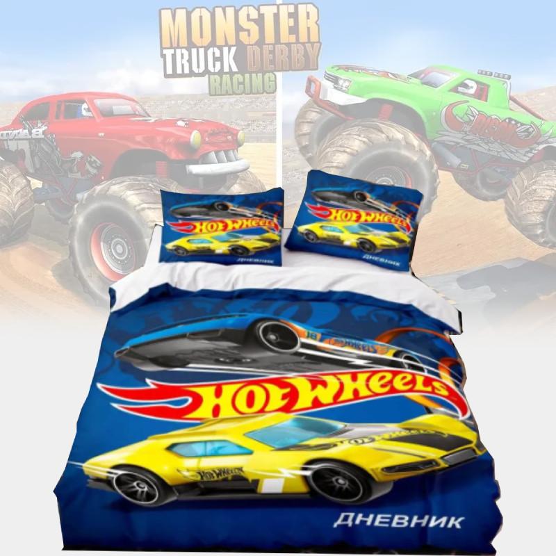 Truck Cartoon Monster Printed Bed Duvet Cover Pillowcase Three Piece Set