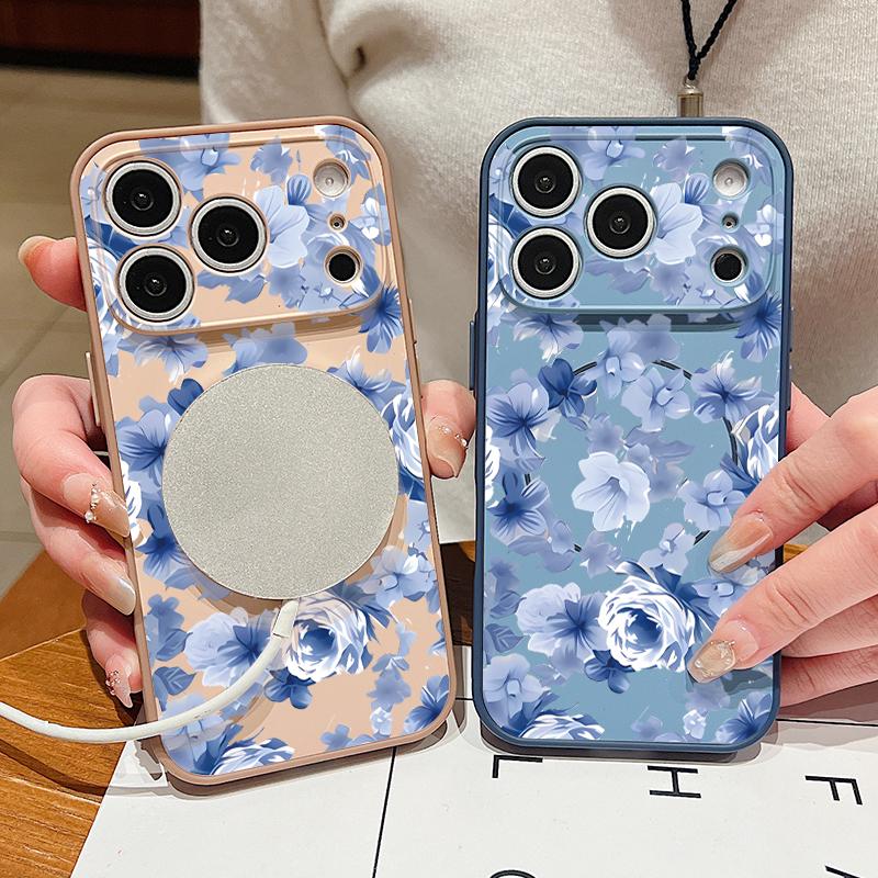 Magnetisch Für Magsafe Hülle Für iPhone 17 Pro Max Blau Rose Blumen Muster Hautgefühl Abdeckung Für iPhone 16 15 14 13 Pro Max
