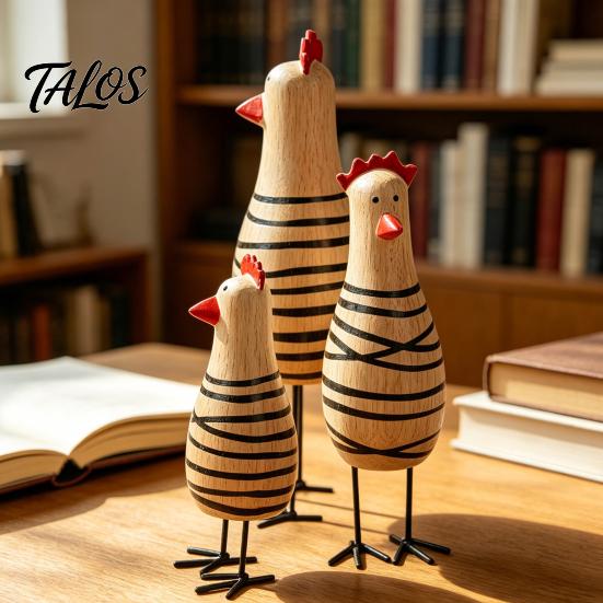 Farmhouse Style Decorations 3Pcs Hand-Painted Wooden Chicken Figurine Set, Cute Animal Desktop Decor with Striped Black Solid Wood Figurines