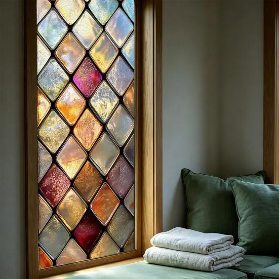 Statische Glasfolie, Fensterfolie mit farbiger Glasstruktur, UV-lichtblockierende, wasserdichte, staubdichte Sichtschutzfolie für die Heimdekoration
