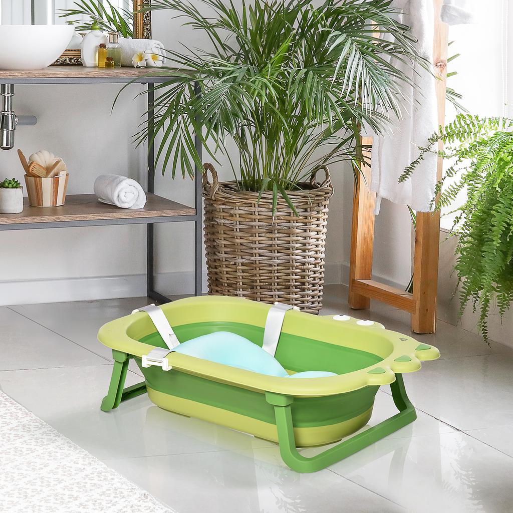 Baby Bath Tub for Toddler Kids Infant Ergonomic Foldable Secure Non-Slip Portable with Baby Cushion for 0-3 Years Green