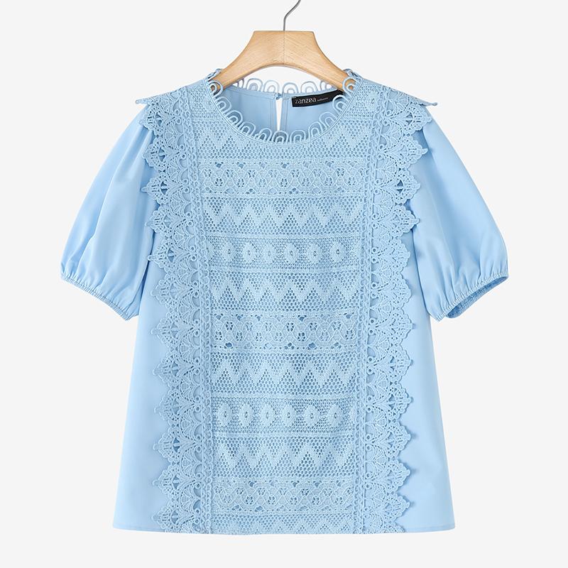 ZANZEA Women Casual Round Neck Short Sleeve Loose Crochet Patchwork Blouse