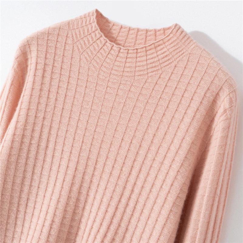 Women's Slimming Cashmere Plaid Pullover – Half-High Neck Knit Sweater