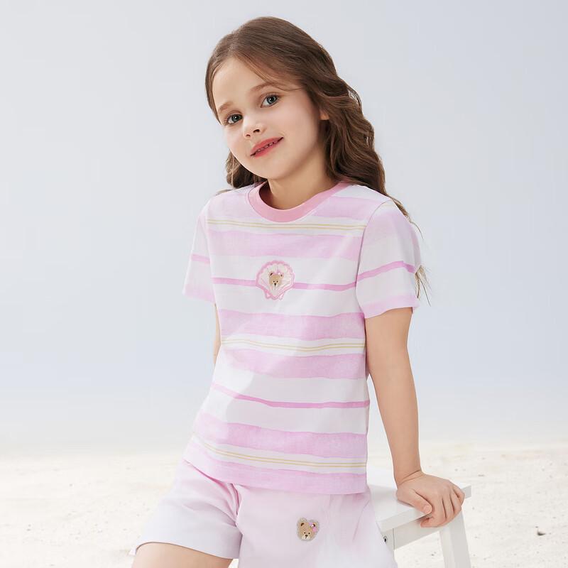 PawinPaw 2025 Summer Girls' Striped Bear Print T-Shirt