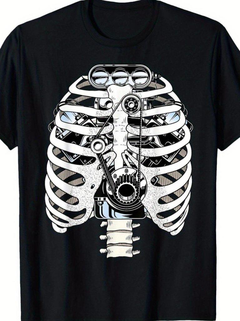 Men's Black Comfortable Mechanic Skull Graphic T-Shirt- Short Sleeve Casual Crew Neck with Intr