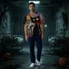 Herren Kurzarm V-Ausschnitt Kasack mit Brusttasche Halloween-Print