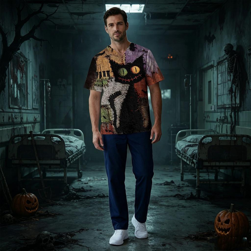 Herren Kurzarm V-Ausschnitt Kasack mit Brusttasche Halloween-Print