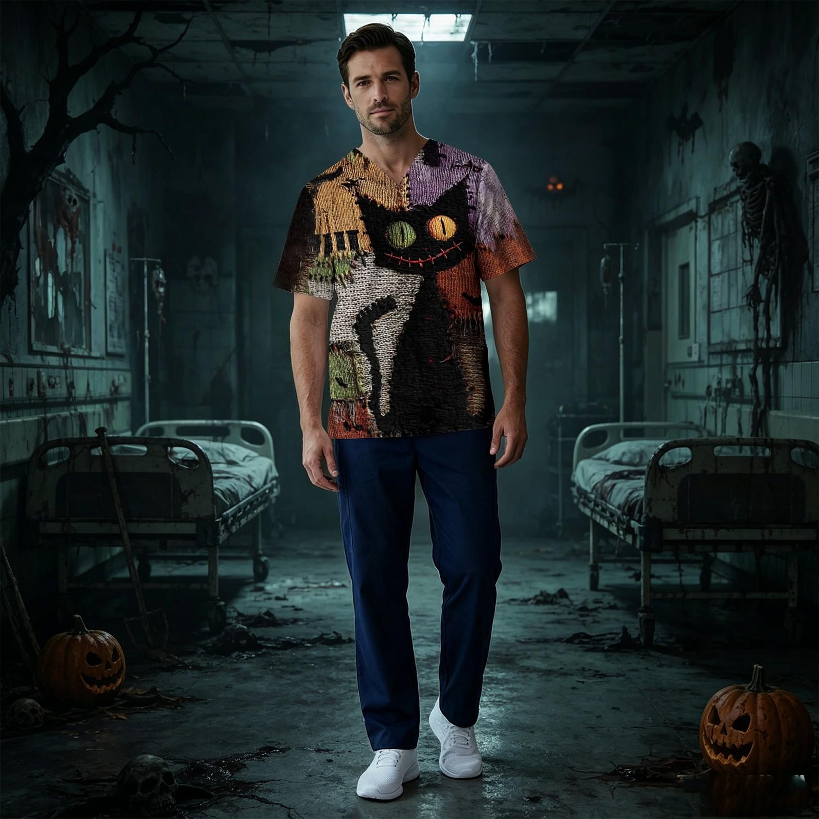 Men s Short Sleeve V-Neck Scrub Top with Chest Pocket Halloween Print XXXXL