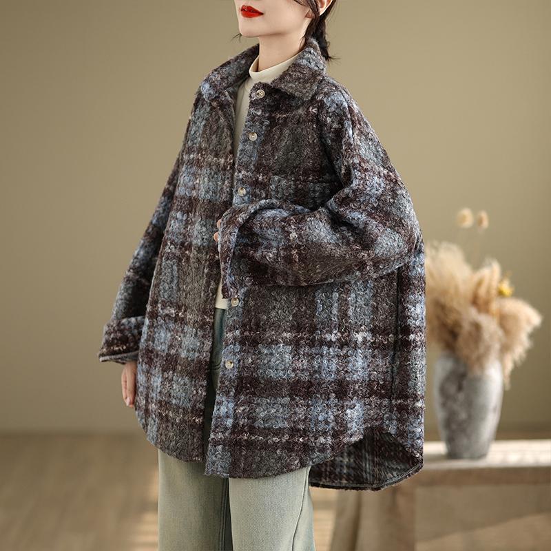 DIMANAF 2025 New Autumn Winter Plus Size Women Coats Jackets Cotton Thick Long Sleeve Loose Casual Outerwear Vintage Lady Plaid