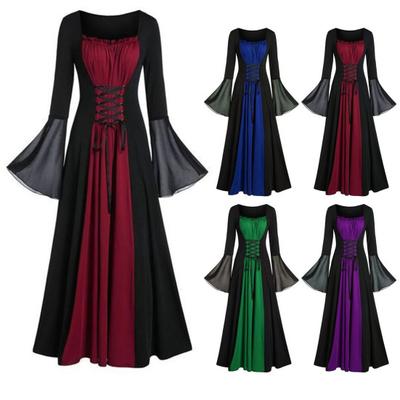 Women Courtly Dress Square Collar Tight Waist Flared Long Sleeve Pullover Gothic Style Vintage Dress Evening Party Women Palace Medieval