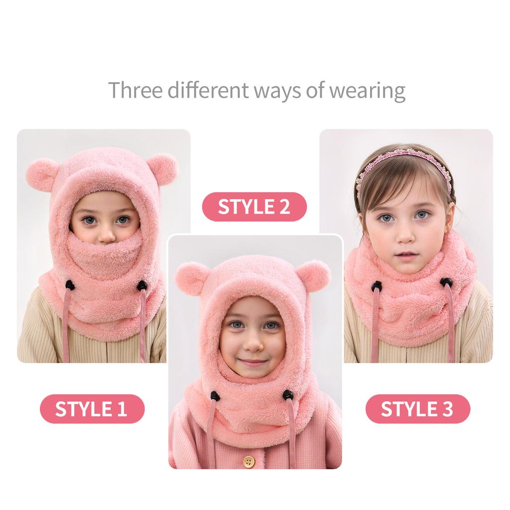 Kids Thermal Hat with Face Cover Animal Ear Flap Winter Warm Balaclava Style Integrated Neck Warmer Windproof Cold Weather Hood for Children