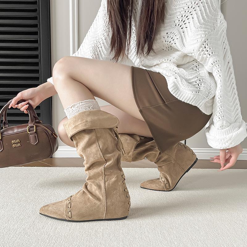 

Женские 2025 Двусторонние Свободные Складные Ботинки-Казаки на Скрытом Каблуке 38 песочный/хаки