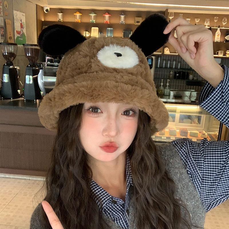 Women S Dog Ear Plush Bucket Hat Large Head Size Warm Cute Slim Face Korean Style Autumn Winter