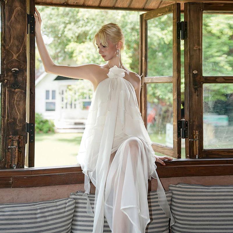 

# Sisjuly# French style Cool Immortal Tea Arabian Jasmine Tulle Lotus Leaf Lace Perspective Hanging Neck Dress Women White L