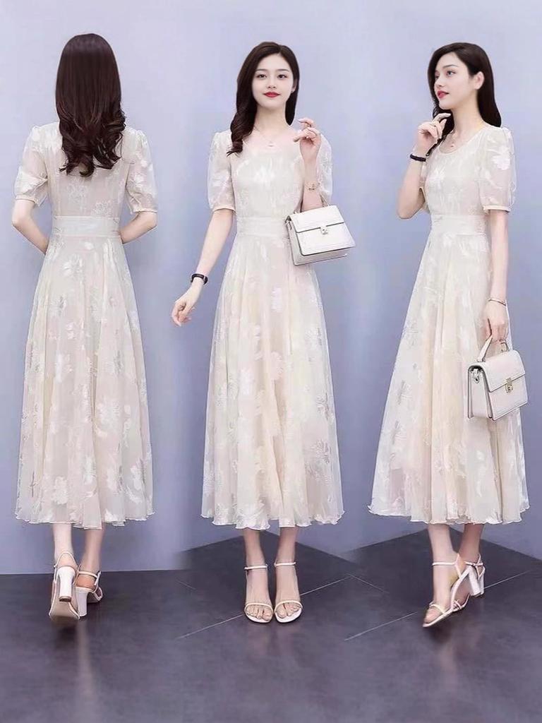 Summer Newest Chiffon Dress for Girls, Waist Slimming Bubble Sleeve French Style Maxi Dress