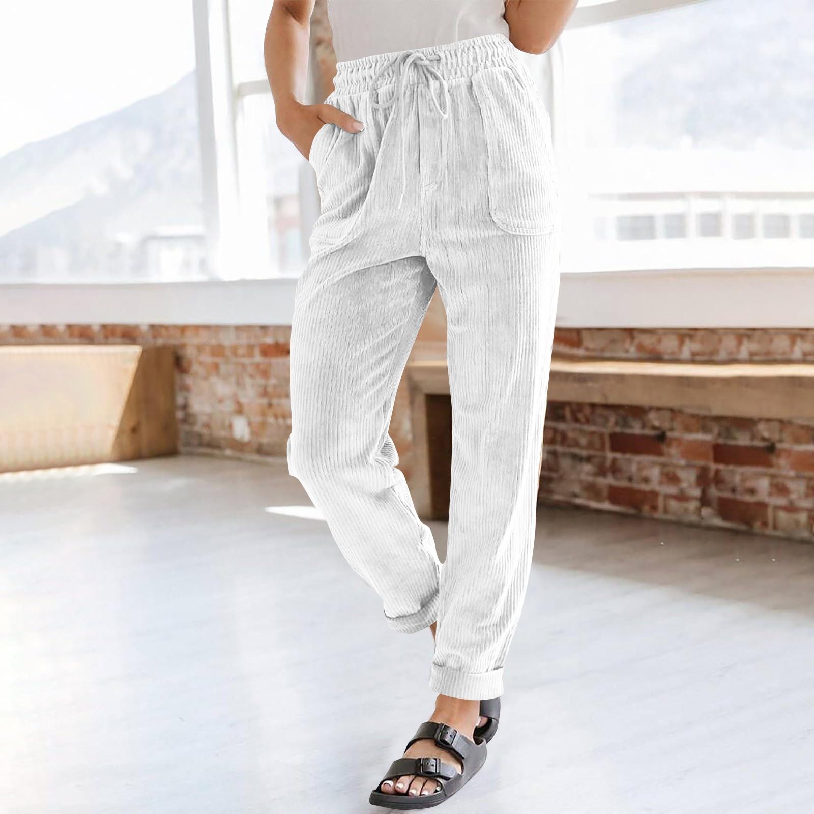

Вельветовые брюки для женщин, повседневные эластичные брюки с высокой талией на шнурке, прямые брюки, свободные удобные брюки с карманами XXL белый