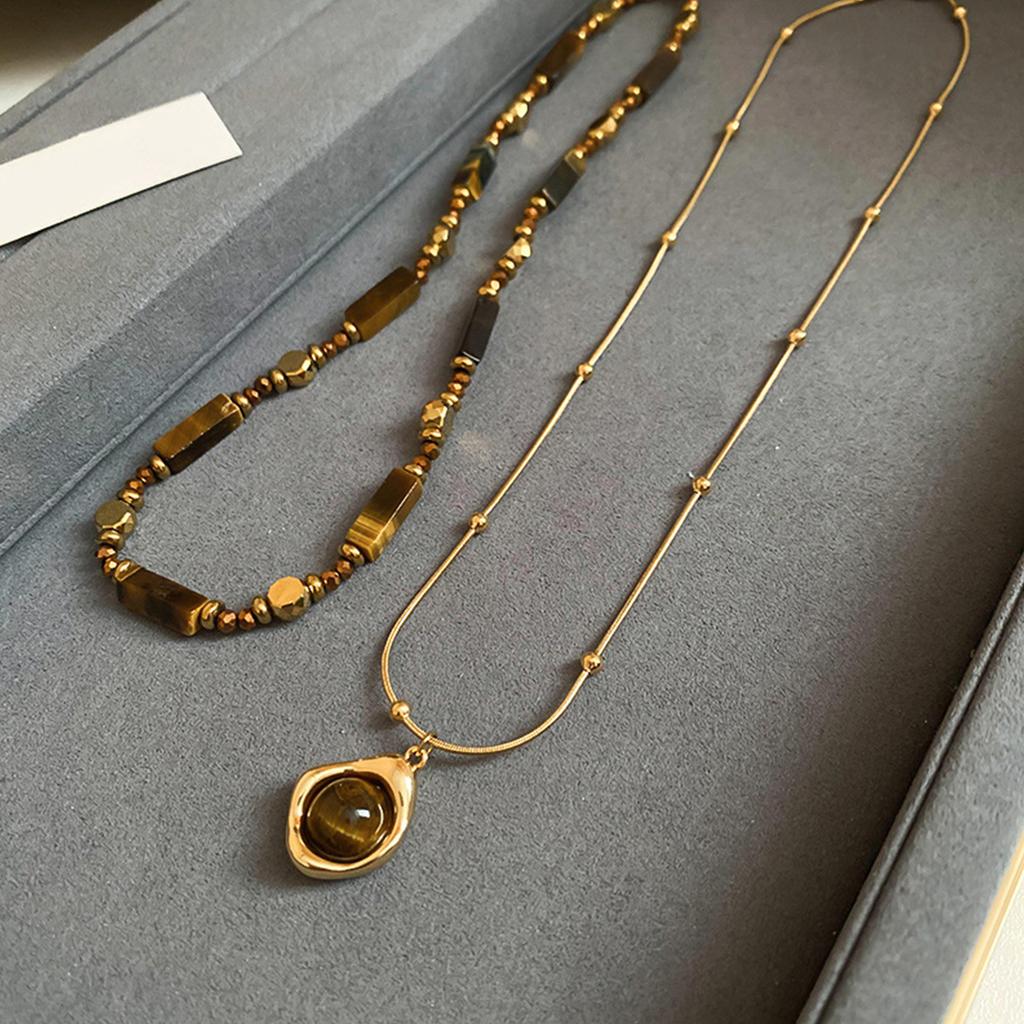 Elegant Women's Necklace with Retro Designs and Tigers Eye Stone On Sturdy Stainless Steel Chain Portable Accessory