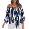 Women's Summer Fasion Loose Print Long--sleeve Bow Tie Neckline Bandage  Top