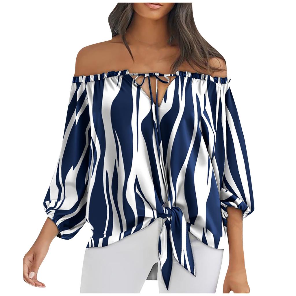 Women's Summer Fasion Loose Print Long--sleeve Bow Tie Neckline Bandage  Top