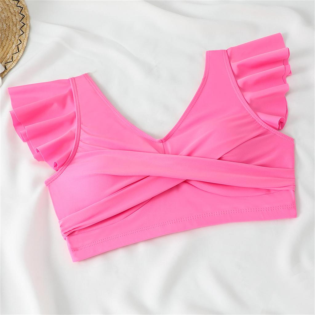 Women's Pleated Slim Fit V-Neck Color Block Ruffled Two-Piece Swimsuit