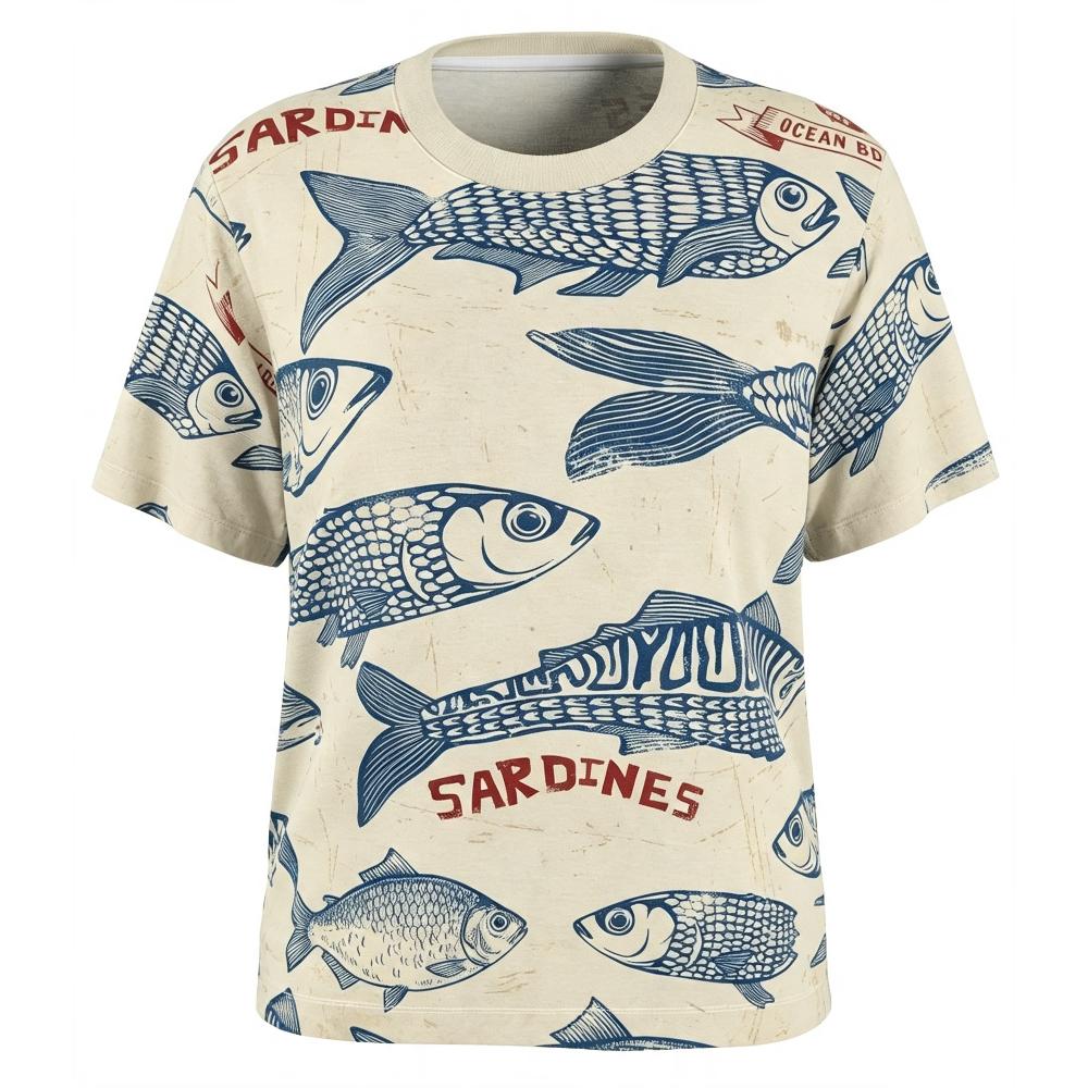 Vintage Sardine All Over Print T-Shirt, Coastal Fish Nautical Tee, Summer Streetwear Mesh Crew Neck Short-Sleeved T-Shirt