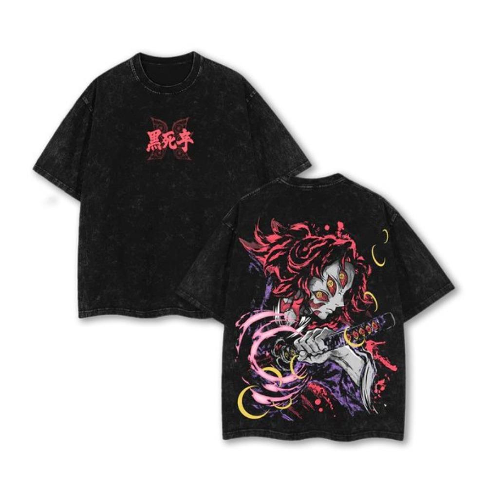 Summer Casual Daily Outfit for Anime Short-sleeved Retro Washed T-shirt, Loose Fit Demon Slayer Anime T-shirt