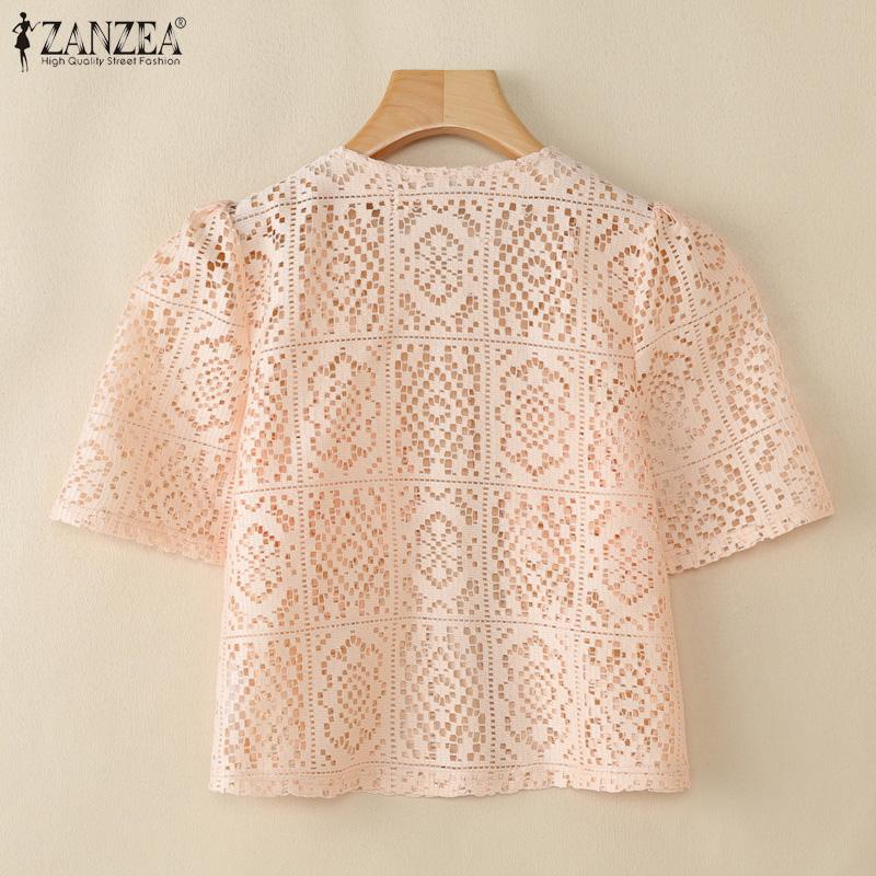 ZANZEA Womens Summer Hollow Out Crochet Short Sleeve Cardigan Blouse