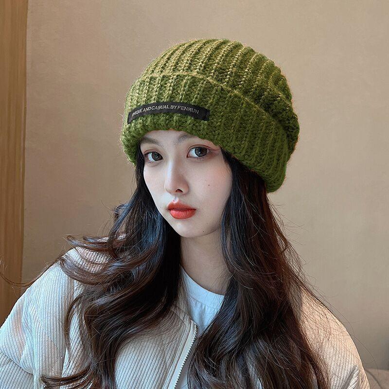 Korean-style slouchy hat for women, autumn and winter, plain thick woolen hat, large head circumference, makes the face look smaller, cold weather