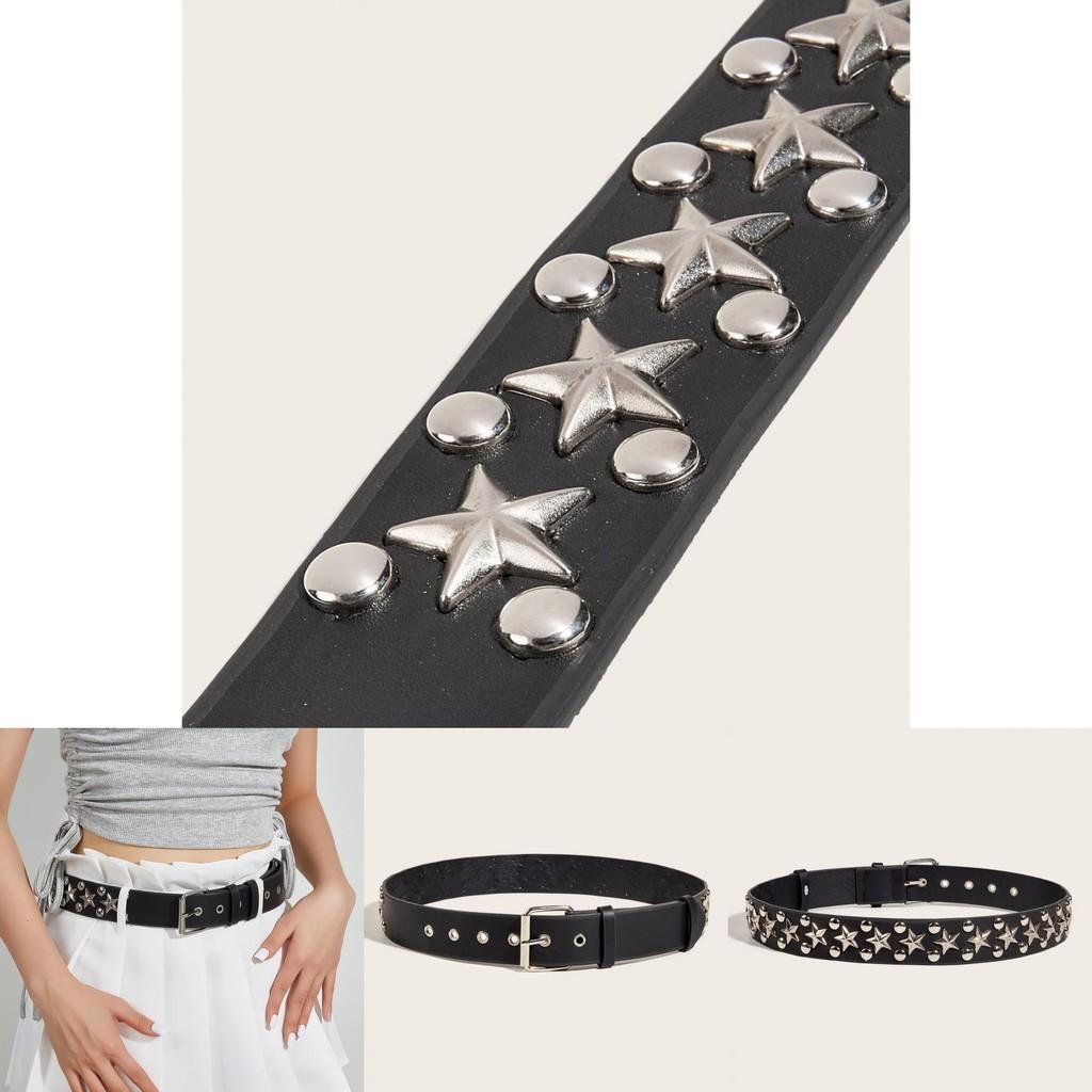 New Star Studded Fashionable Punk Style Wide Belt For Women's Jeans Faux Leather Material