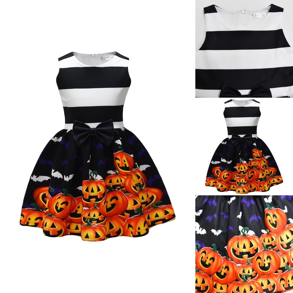 Smiling Pumpkin Print Girl Dress With Ruffle Aline For Toddlers