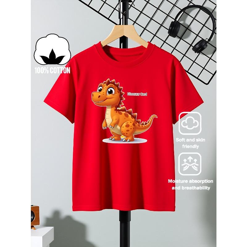 European sizes Boys' Cotton T-shirt Cute Orange Dinosaur with Spikes , Ideal for Outdoor Activities, Soft Knitted Top, Comfortable And Breathable