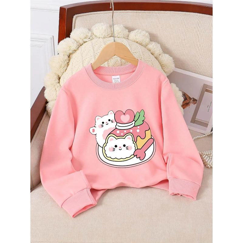 Girls' Crewneck Sweatshirt - Cute Cat Cake with Heart Topper Machine Washable, Spring And Autumn