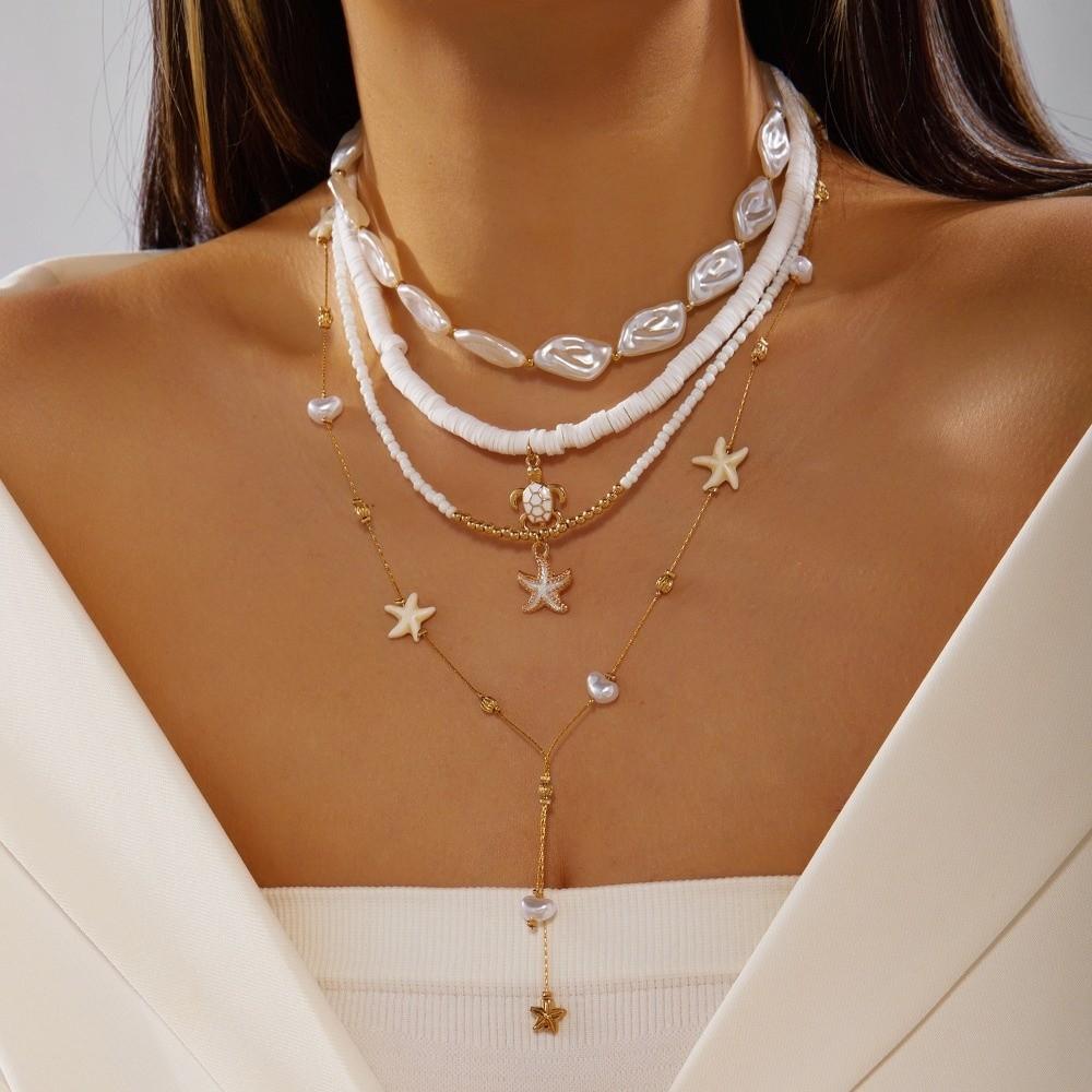 4 Stück/Set Vintage Boho Seestern Anhänger Halskette Imitation Perlen Schlüsselbein Kette Mehrschichtig Muschel Choker Schmuck