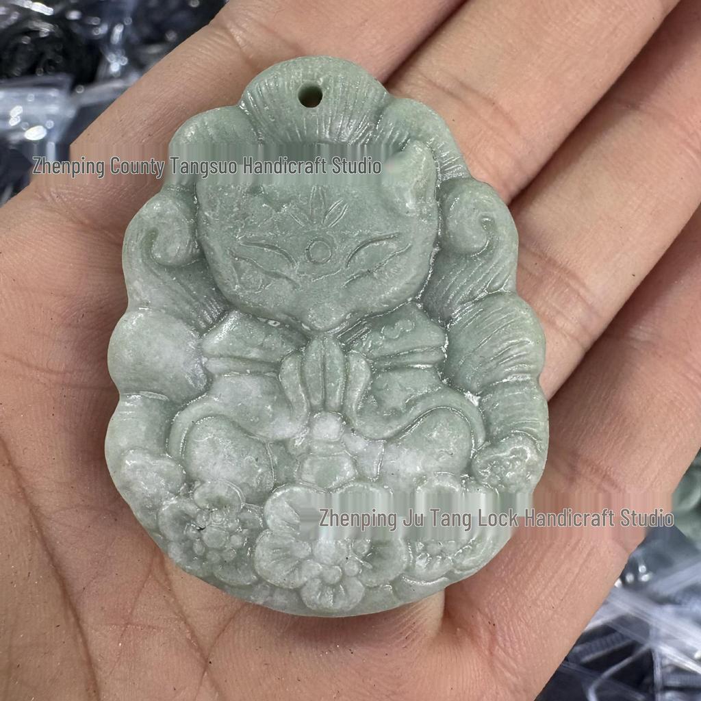Antique Carved Nine-Tailed Fox & Mermaid Jade Amulet Pendant for Men & Women