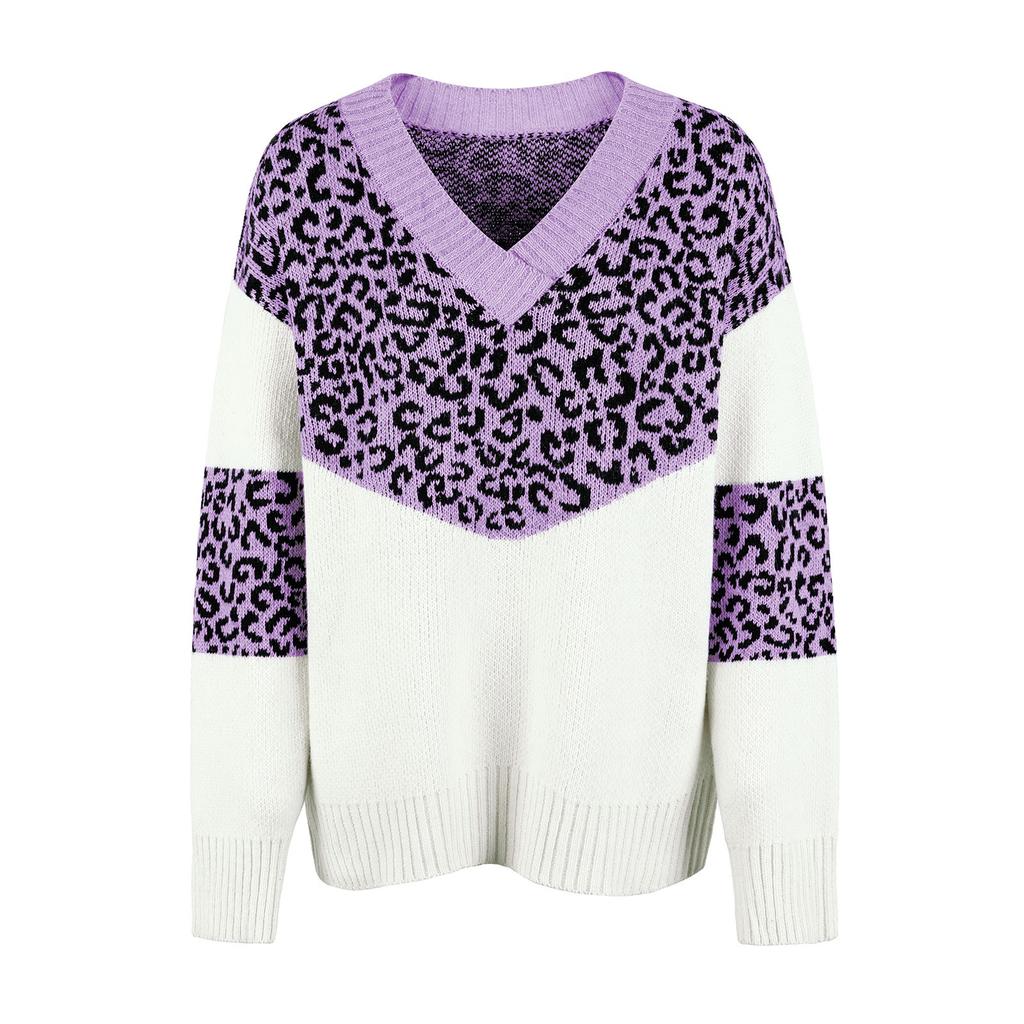 Women's  Solid Color Patchwork Leopard Print Long Sleeve Pullover Women's Knit Sweater