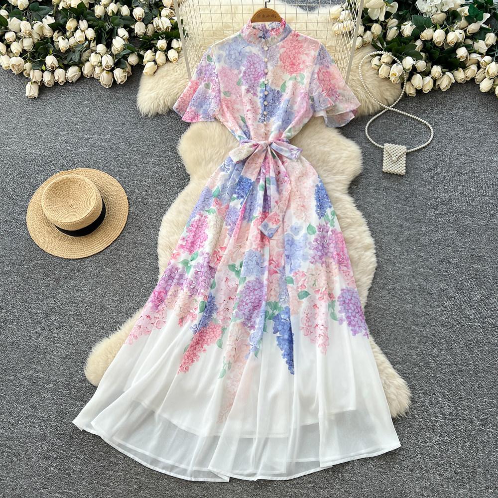 New holiday style dress women's French pearl breasted waist and thin temperament printed chiffon dress