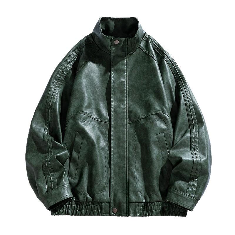 American retro PU leather jacket men's autumn loose trendy brand large size jacket top men's trendy stand-up collar windproof jacket