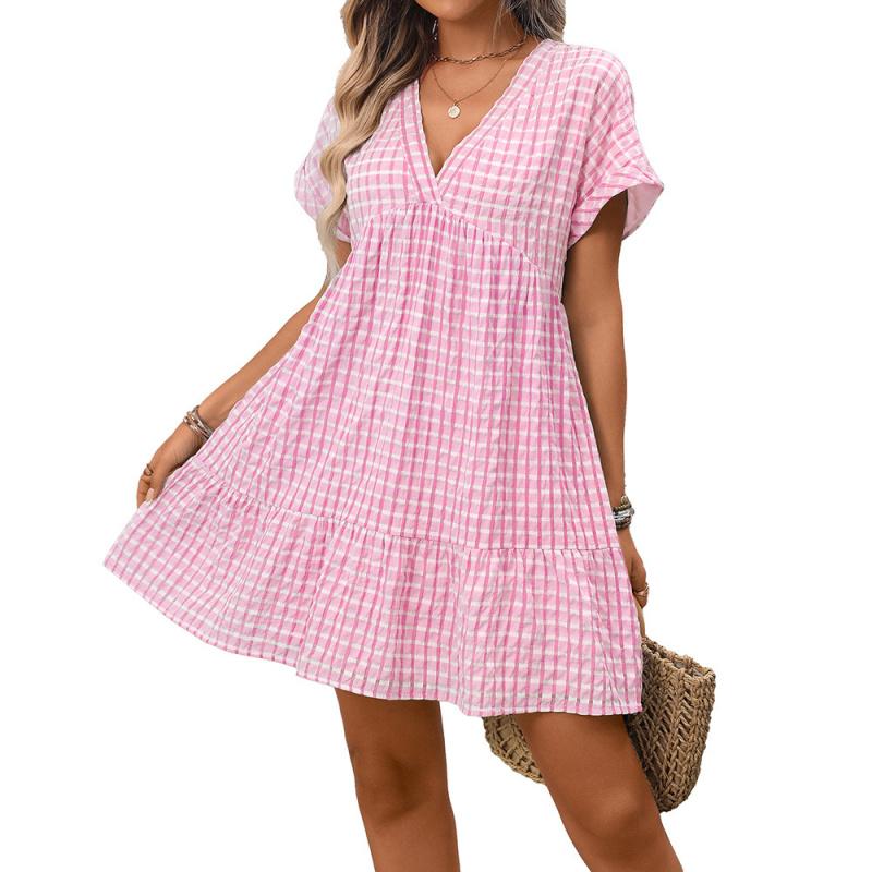 2026 Summer New Women's V-neck Loose Casual Short-sleeve Plaid Dress