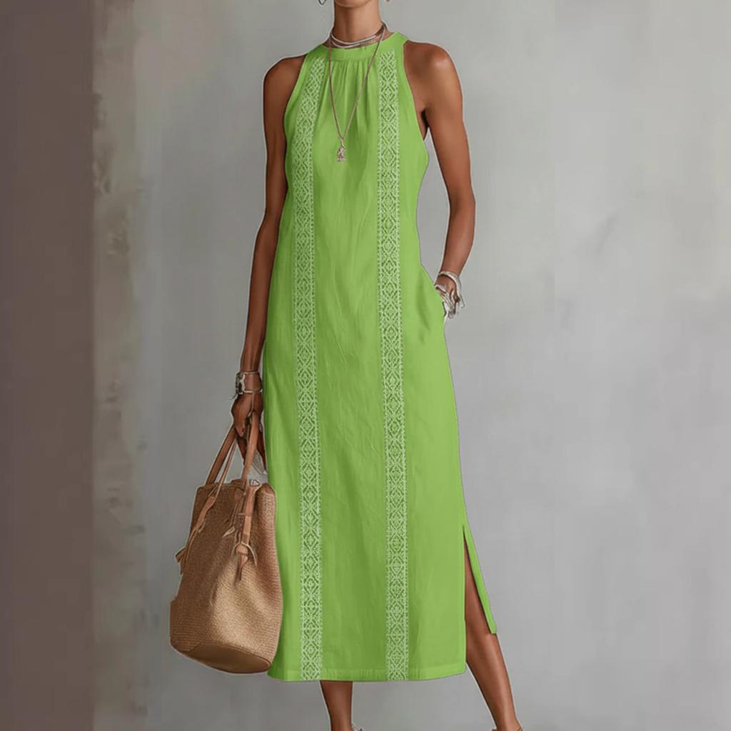 Modisches Vintage Komfortables Damenkleid aus Baumwoll-Leinen-Mischgewebe mit Spitzen-Einsätzen