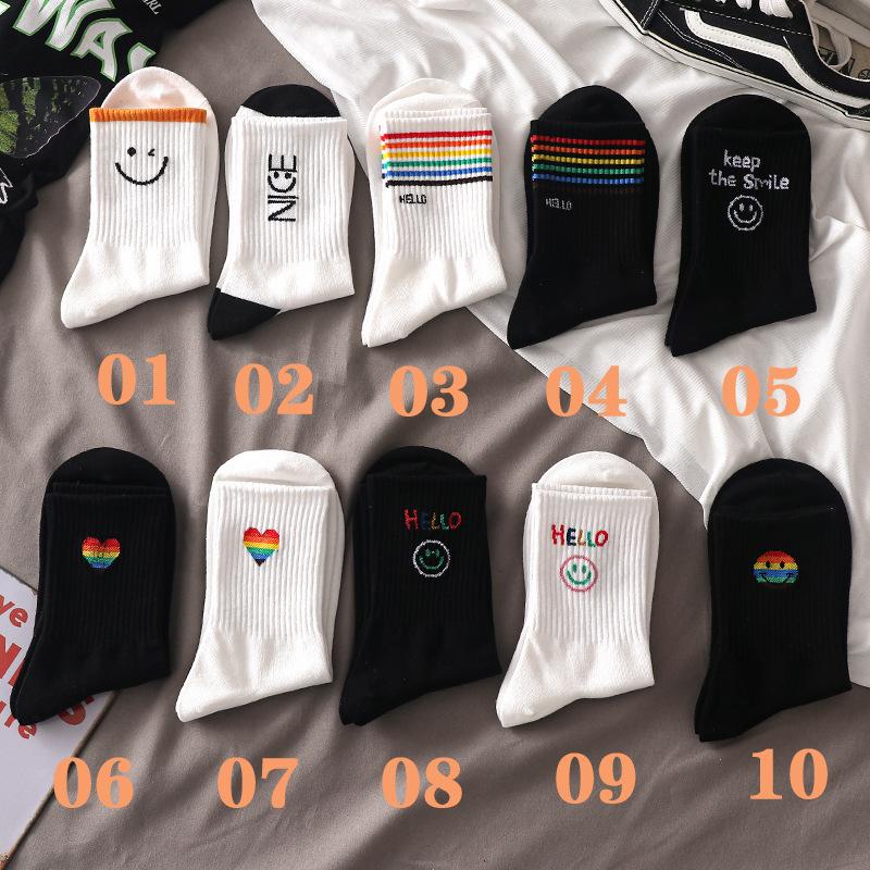 Black Cartoon Korean Women's Mid-Tube Socks - Autumn/Winter Trendy Sports Style, Versatile All-Match White Socks, Popular Among Students.