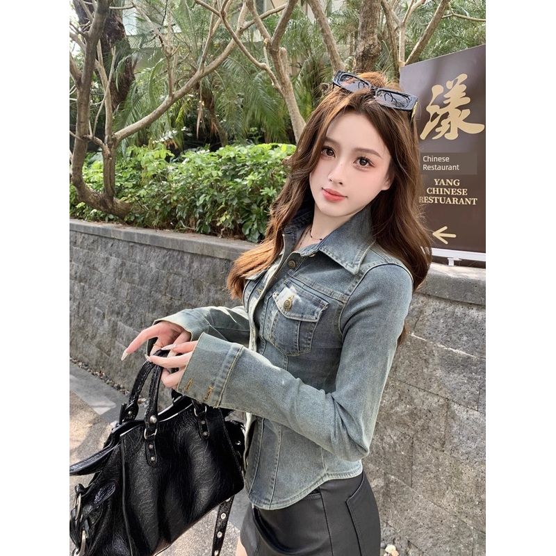 Kumikumi American Retro Washed Blue Denim Shirt Women's Summer Single-Breasted Waist Slimming Jacket Outwear