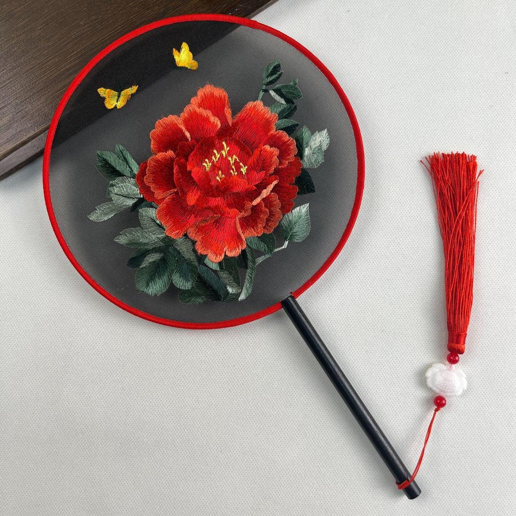 Ancient Chinese Round Hand Fan: Suzhou Double-Sided Embroidery with Peony Design for Hanfu Dance
