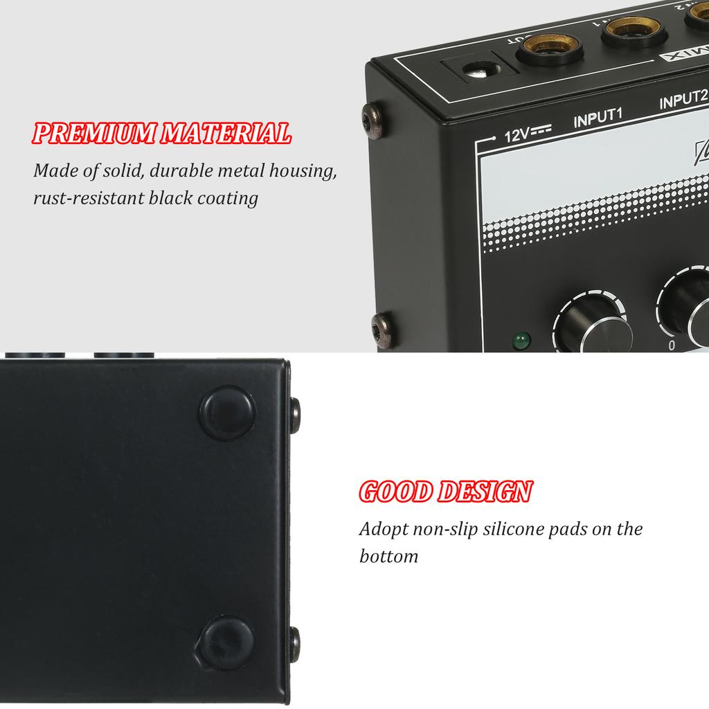 MH400 Ultra Low-Noise 4-Channel Line Mixer Mini Audio Mixer with 1/4-inch TS Inputs   Output Volume Control for Guitars Bass Keyboards