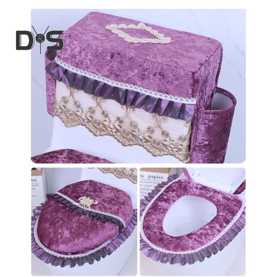 Flannel Toilet Tank Cover Ultra Plush Toilet Lid Cover with Side Pockets Lace Trim Easy Installation Warm Washable Toilet Seat Cushion
